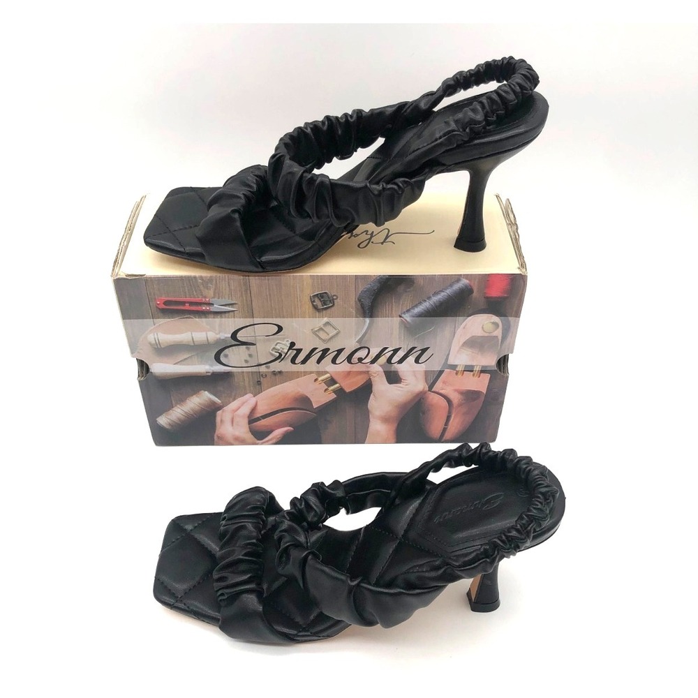 Ermonn D2Y065 Womens Size 8 Black Square Toe Ruched Strap Heeled Sandals NIB
